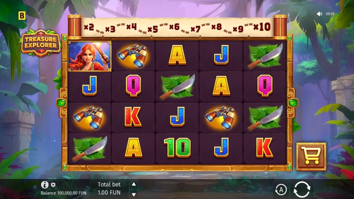 Tampilan layar permainan slot Treasure Explorer dari BGaming dengan Laura Loot di hutan Aztec.