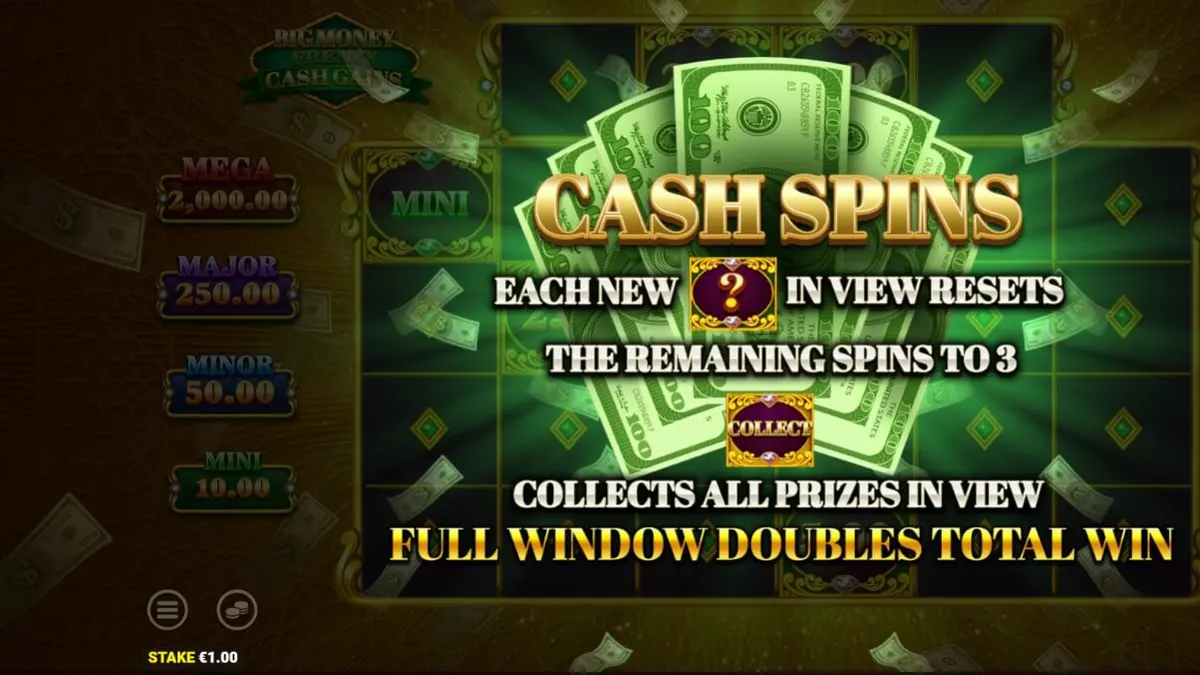 Tampilan visual slot Big Money Frenzy Cash Gains dengan tema brankas emas dan simbol uang